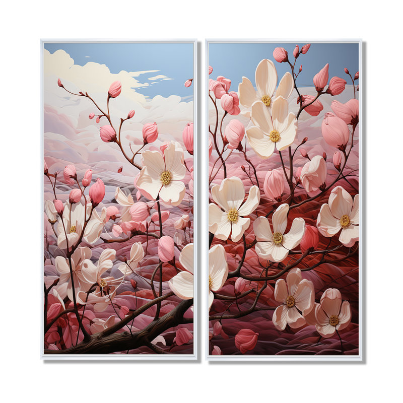 Rêve de cornouiller rose et blanc - ensemble d'art mural traditionnel de 2, H 32 po x l 32 po, Impression encadrée flottante