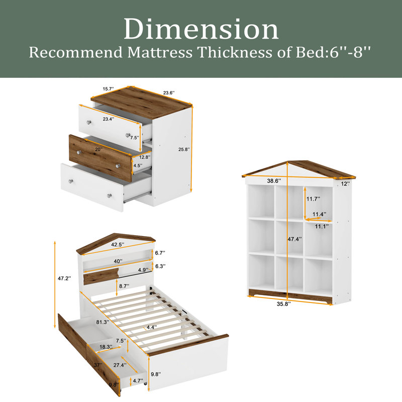 3-Pieces Bedroom Sets, Twin Size House-Shaped Wooden Bed With Storage Drawers, Nightstand With Colorblock Design And House-Shaped Stroage Rack