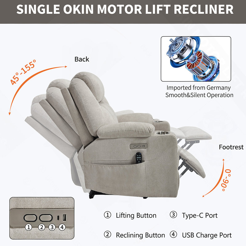 Up to 350 LBS polyester Power Lift Recliner Chair, Heavy Duty Motion Mechanism with 8-Point Vibration Massage and Lumbar Heating, USB and Type-C Ports, Stainless Steel Cup Holders, Beige