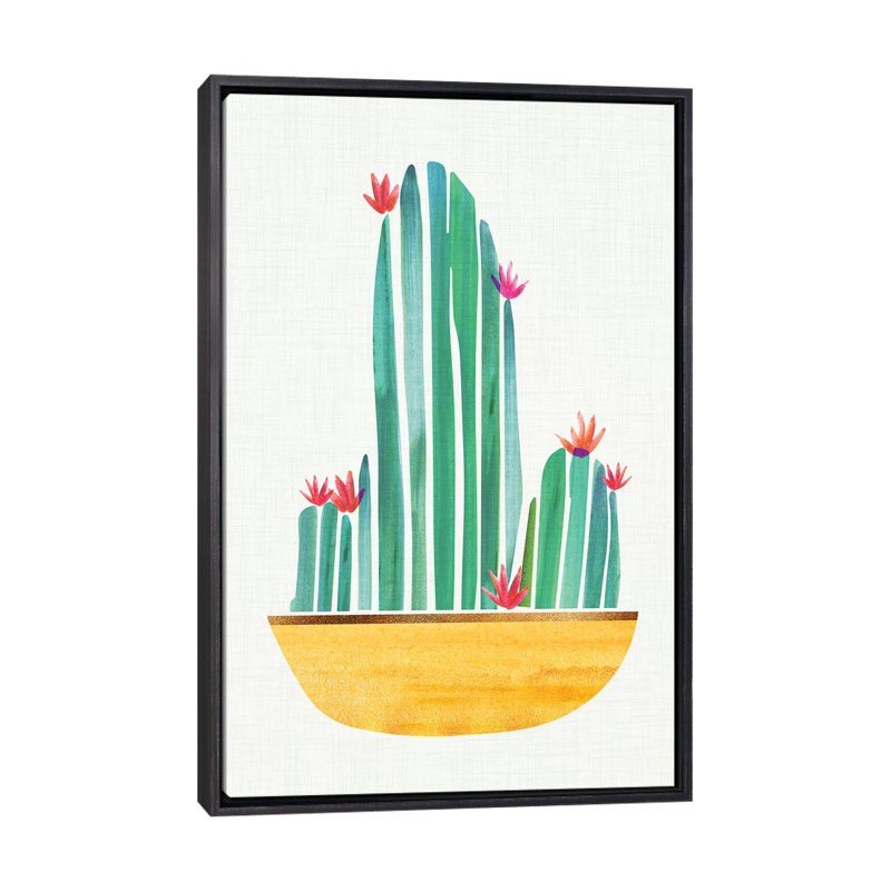 «Tiny Cactus Blossoms II» par Modern Tropical - reproduction d'art, Toile avec cadre noir patiné, Pas de tapis