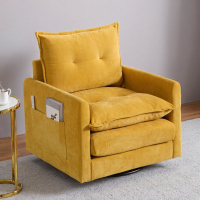 Fauteuil demi-tonneau pivotant avec poches latérales - Chaise d'appoint en chenille de style Mid-Century moderne, coussin en mousse à mémoire de forme - Rotation en douceur de 362 °, base en métal solide - Canapé simple confortable pour salon, chambre à coucher, coin lecture