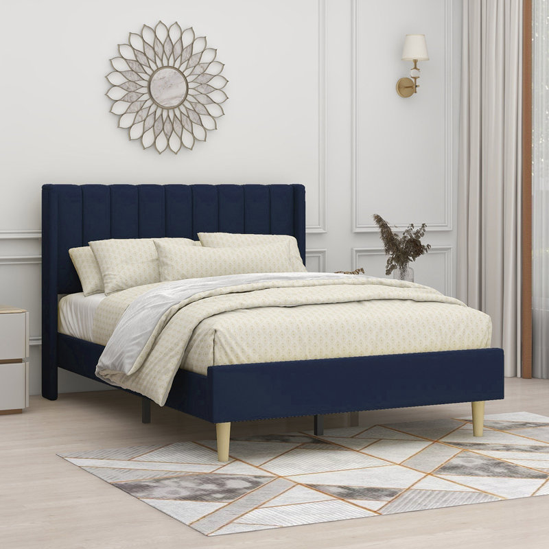 Eriksay Low Profile Upholstered Platform Bed with Wingback Headboard, Dark Blue Linen, Full