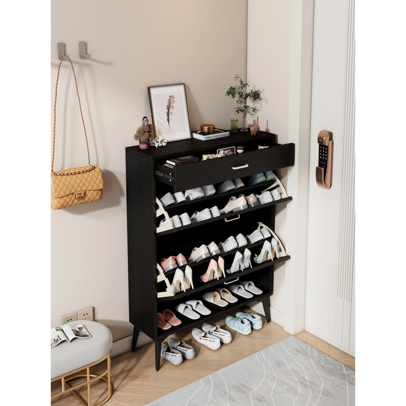 Armoire à chaussures noire avec unité de rangement, hauteur de 43,45 po, largeur de 9,42 po, profondeur de rangement de 32,1 po,