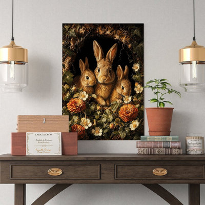 Toile, art mural, trois lapins dans un trou de jardin de fleurs, impression sur affiche rétro, décoration intérieure