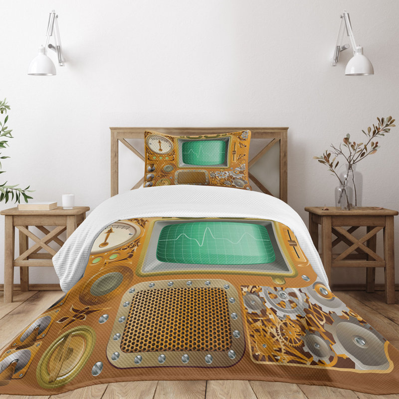 Twin Size Steampunk Machine Quilted Bedspread Set in Orange and Green