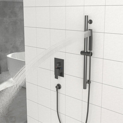 12 Inch Square Matte Black Shower - Wall Mounted With Adjustable Slide, Valve, And Dual Head System Bar, Rainfall Shower, Handheld Spray