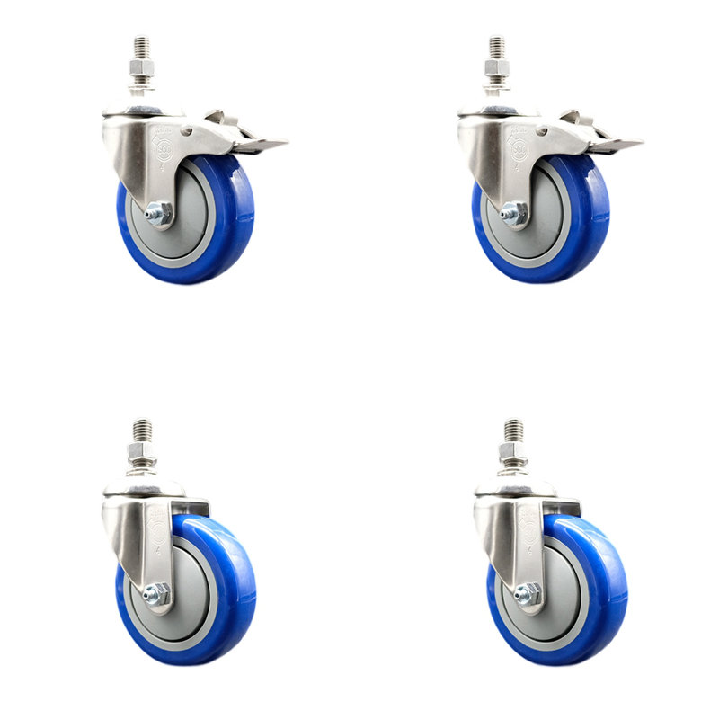 4 Inch 316SS Blue Polyurethane 3/8 Inch Threaded Stem Caster Set 2 Lock Brake