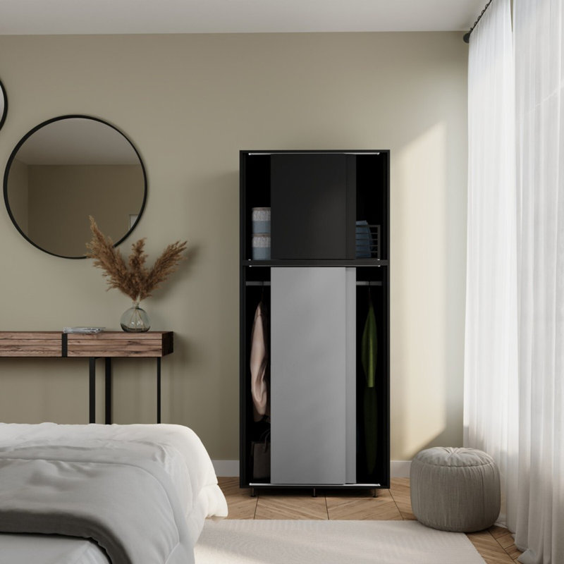 4 Door Solid Wood Wardrobe, Black/Grey