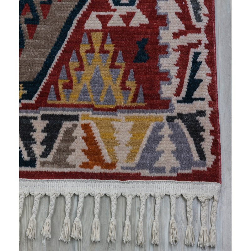 Tapis rouge en coton noué à la main Auren, Rectangle 6 pi 7 po x 9 pi 6 po