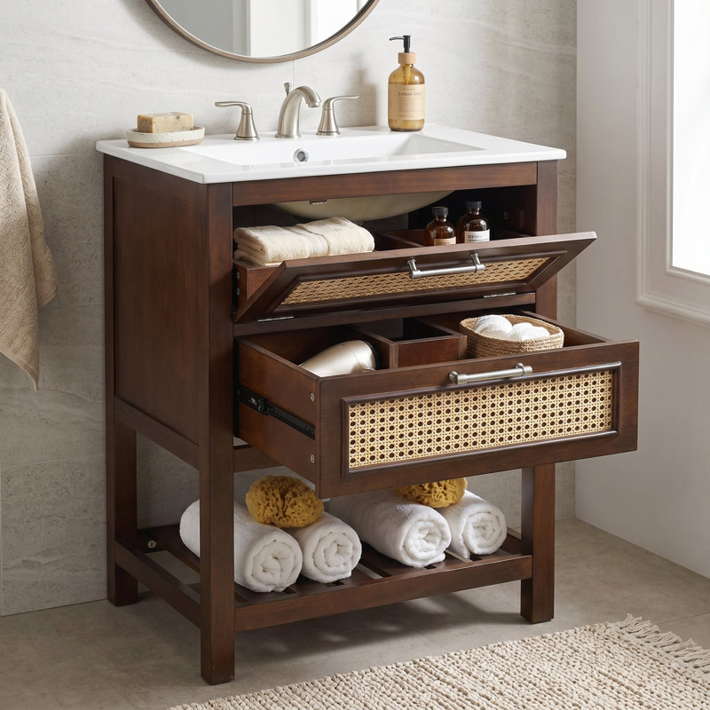 Meuble-lavabo compact 24 po avec lavabo intégré en céramique, tiroir profond et tiroir basculant, Naturel