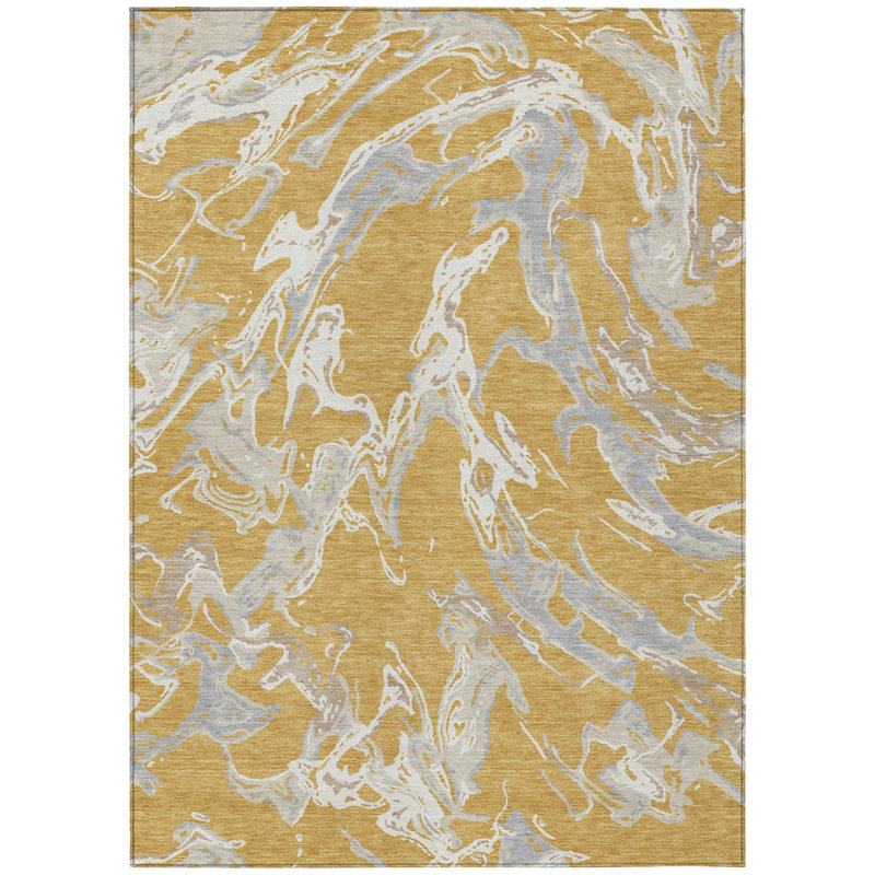 Tapis intérieur lavable abstrait gris doré et ivoire 3 pi x 5 pi