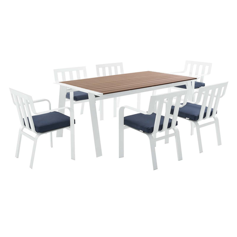 Ensemble de salle à manger d'extérieur en aluminium avec 6 fauteuils empilables Baxley par Modway, Bleu marine
