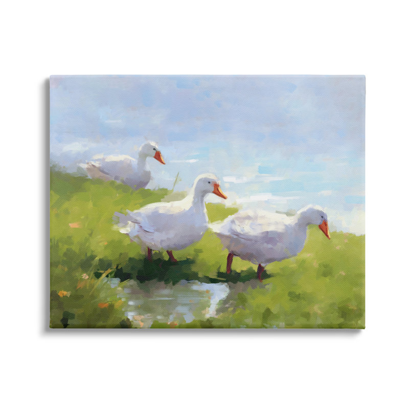Trois canards, paysage sur toile par Ziwei Li, peinture, H 30 po x l 40 po x P 1,5 po