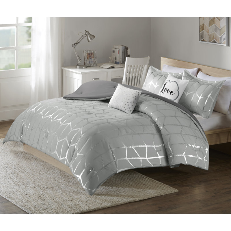 Ensemble d'édredon à imprimé métallique Raina, Édredon double / grand + 2 taies décoratives + 2, Gris / argenté