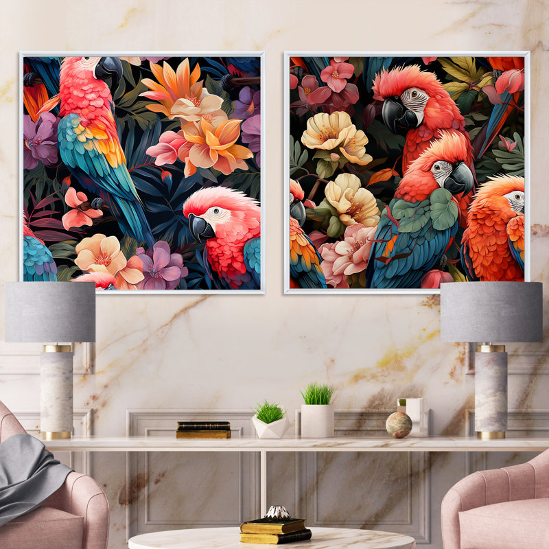 Parrot Haven - motif tropical - ensemble de 2 collages carrés tropicaux, Cadre flottant blanc, H 36 po x l 73 po
