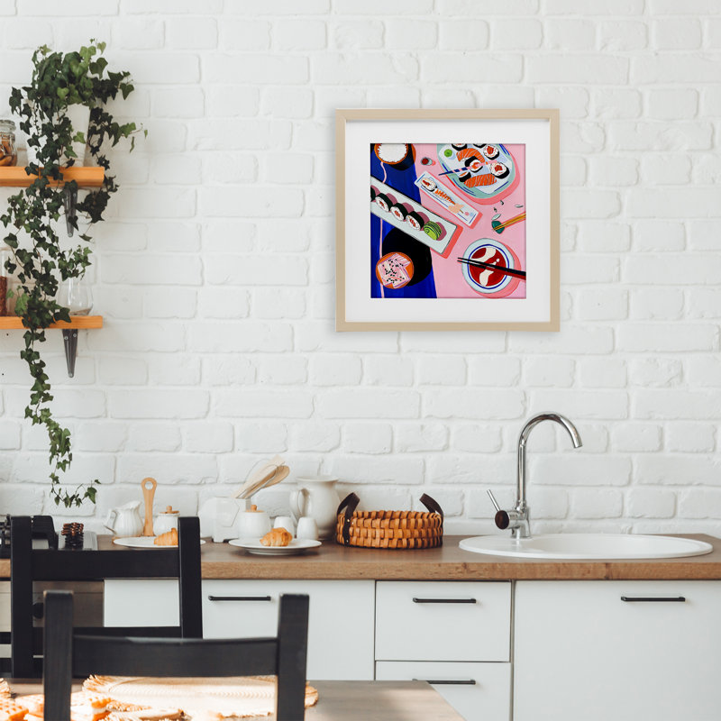 «Vibrant sushi me», reproduction sous verre encadrée, design par Walker Noble, H 13 po x l 13 po, Cadre de récolte en pin