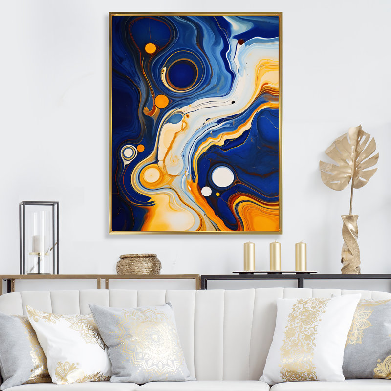 Jaune et bleu, liquide, encre de rivière II - encre liquide, art mural abstrait, Cadre flottant doré