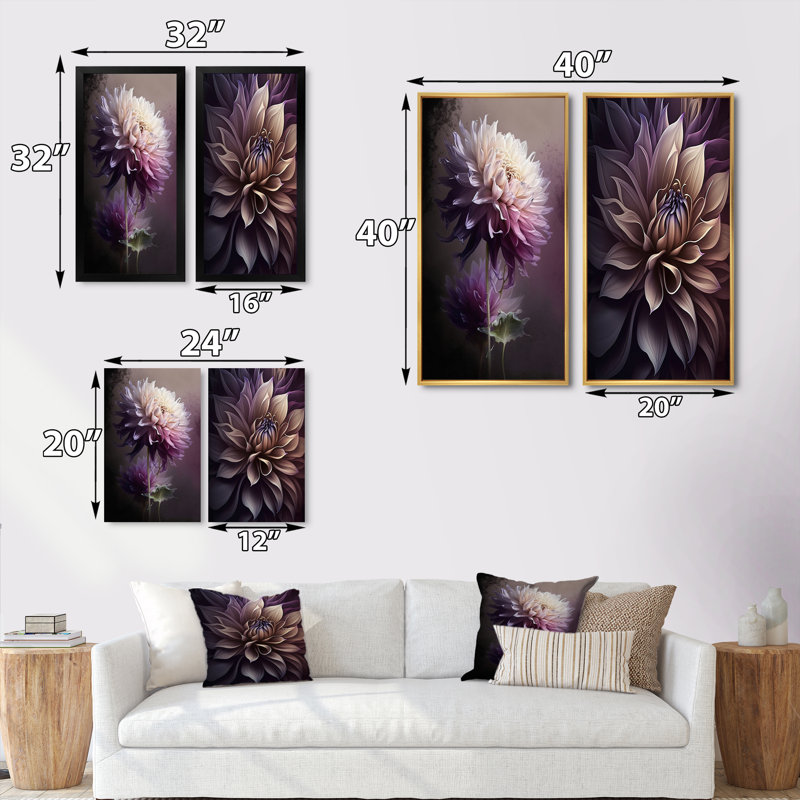 «Mauve fleur de dahlia», 2 pièces sur toile, H 32 po x l 32 po, Cadre noir