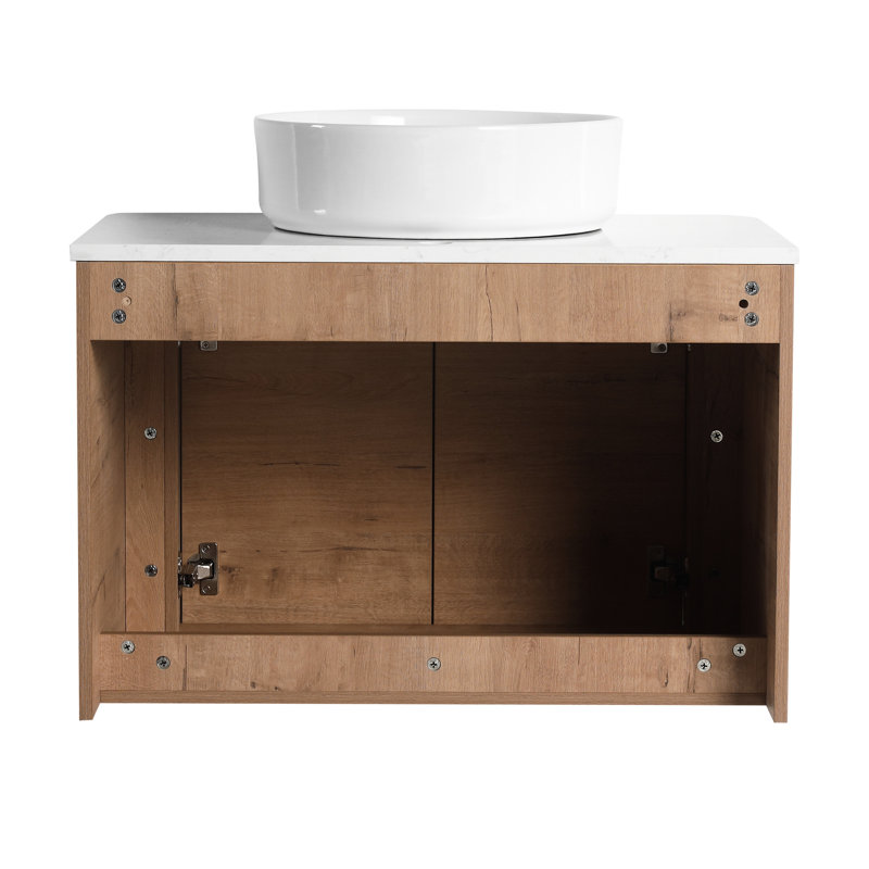 Meuble-lavabo de 42 po pour la salle de bain, lavabo d'art en céramique, 1 tablette de rangement, 2 portes à fermeture en douceur, dalle de pierre blanche