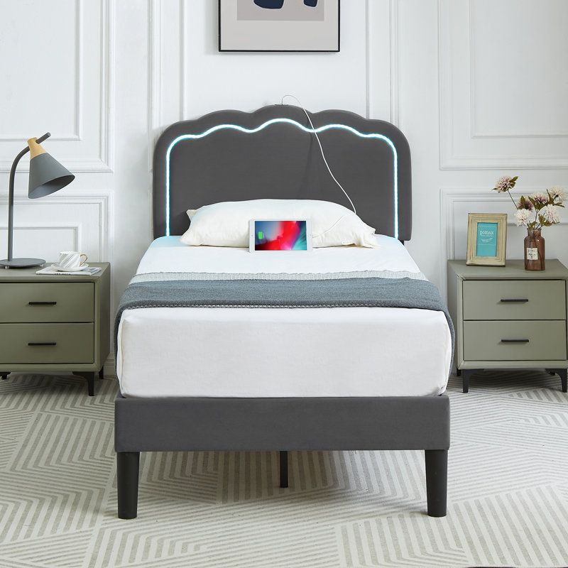 Gray Velvet Upholstered Platform Twin Size Bed Frame with LED Headboard, Adjustable Tufted Modern Bed with USB & Type-C Charging Ports, Storage & Noise-Free Slats