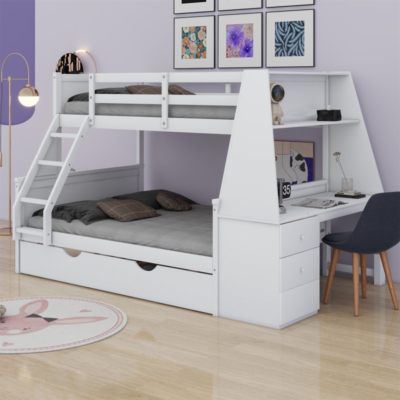 Lit superposé avec lit gigogne et bureau intégré, trois tiroirs de rangement et une tablette, White
