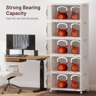 Extra Large 5-Tier Stackable Storage Bins with Lids & Wheels & Door, Foldable Collapsible Closet Organizers, Plastic Containers Drawers for Bedroom Dorm