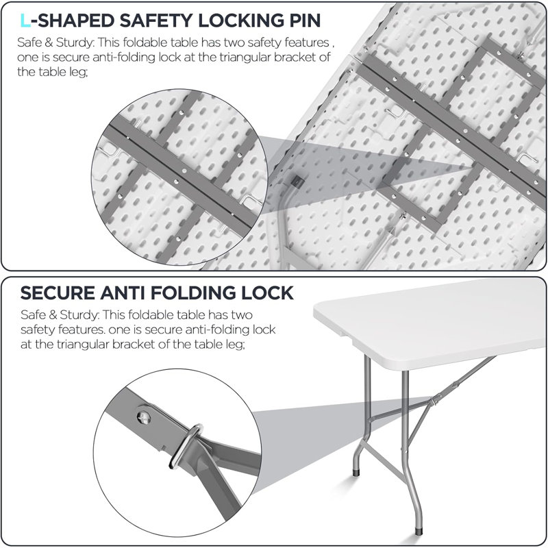 Folding Table Picnic Table, Portable Camping Table with Handle and Safety Lock, Foldable Dining Table Plastic Dining Table for Indoor and Outdoor Use, Suitable for Camping, Picnics and Parties
