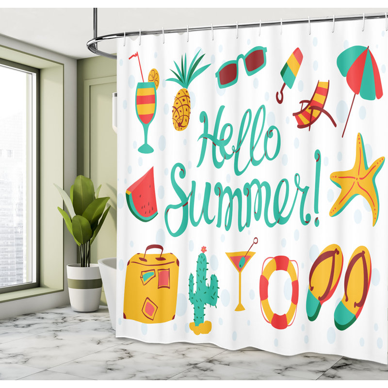East Urban Home Saying Shower Curtain Summer Objects Hello Summer Multicolor 86215, 75''H x 69''W