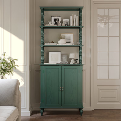 77" Tall Bookshelf with Cabinet, Freestanding Storage Cabinet with Solid Wood Legs, Retro Bookcase