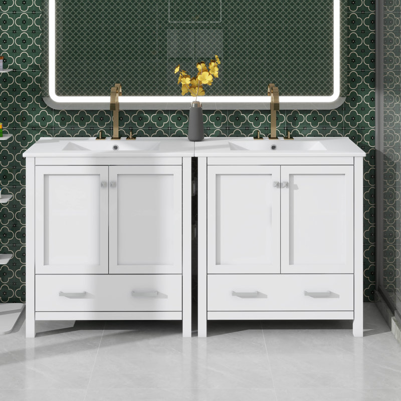 Elegant Bathroom Vanity Set With Vanities  Ceramic Sinks And Partitioned Drawers, White, 60", 4" Centerset