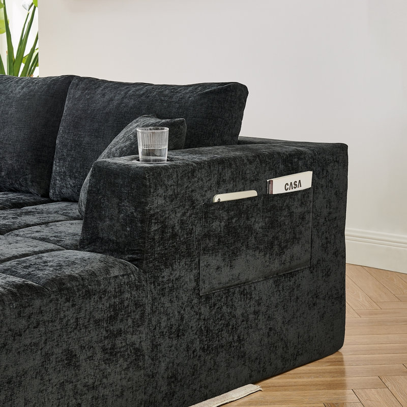 132" U-Shaped Chenille Sectional Sofa, Cloud Style Boneless Sofa with Lounges, Modern Upholstered Couch with Cup Holders & Side Pockets, Compression Sofa for Living Room, No Assembly Required,Black