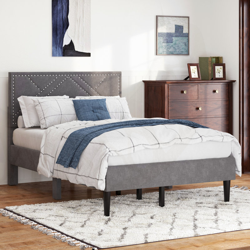 Linen Fabric Bed Frame, Full, Gray 