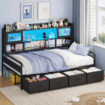 Twin Daybed With 4 Storage Drawers & 3-Tier Bookshelf, Day Bed With Rgb Led Lights & Charging Station, Corner Bed Frame With Storage Headboard For Bedroom, Living Room, Guest Room