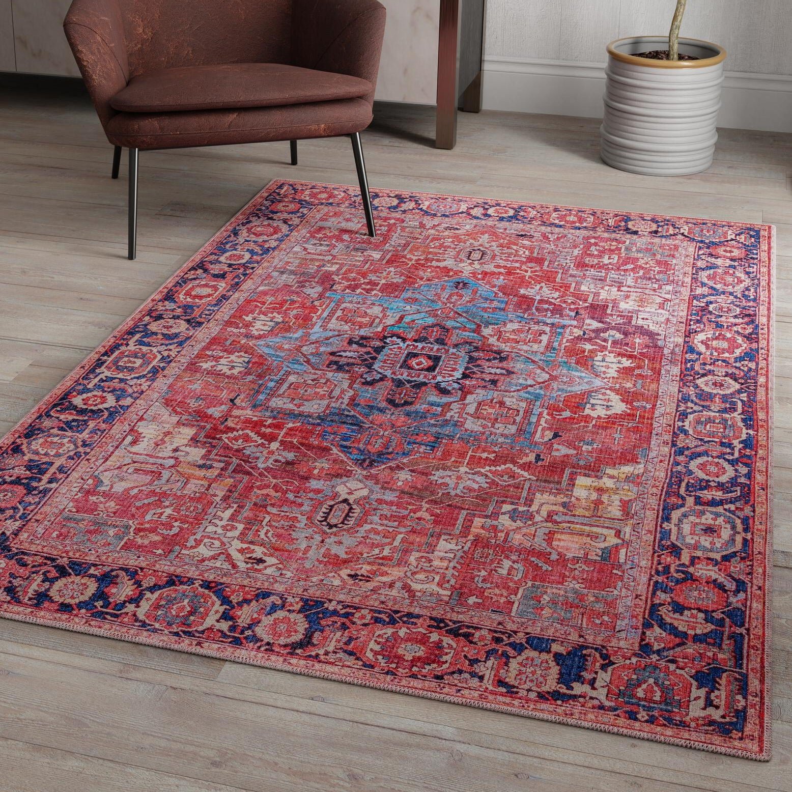 Red Navy Persian Style Traditional Rug Non Slip Machine Washable Living  Room Bedroom Kitchen Mat Hallway Runner Rugs 