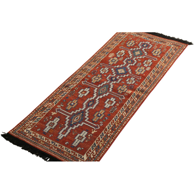 Rug & Kilim’S Tribal Runner In Red And Blue Geometric Pattern, Runner 2'6" x 10'