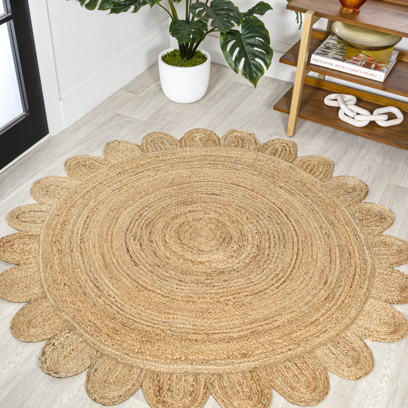 Adwin Boho Jute Scalloped Circle Natural Rug, Round 6'1"