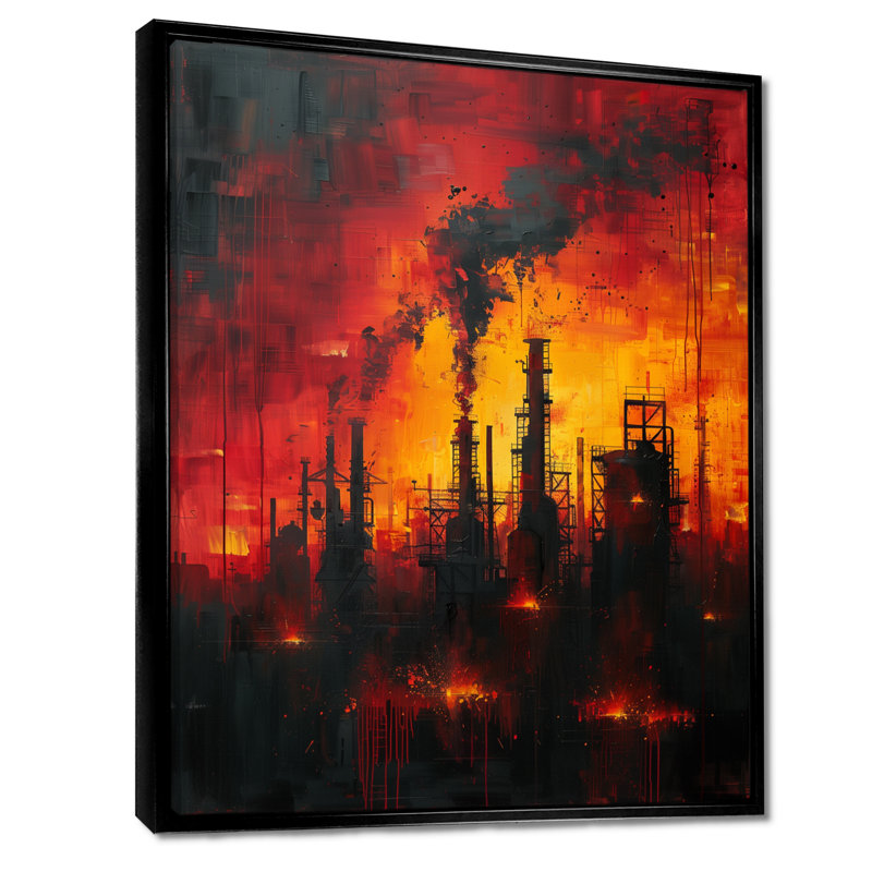 Décoration murale industrielle rouge Polution III - usines, Toile avec cadre flottant noir, H 44 po x l 34 po x P 1,5 po