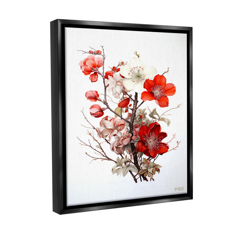 "Red Flower Branches" par RB sur toile, H 21 po x l 17 po, Cadre flottant noir de jais