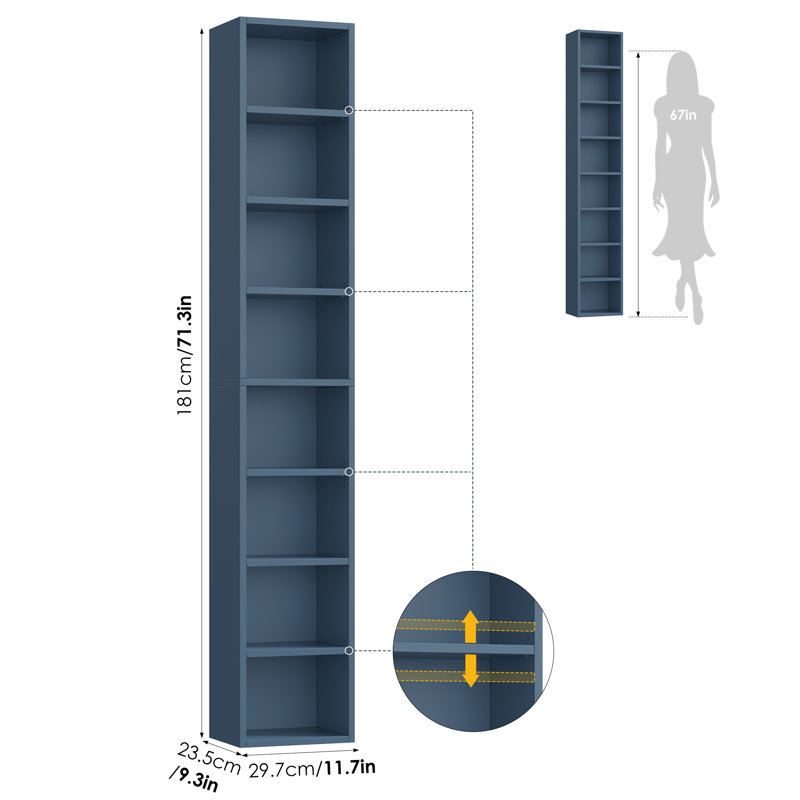 Gracyn 8-Tier Narrow Bookshelf With Adjustable Shelves, Blue, 1