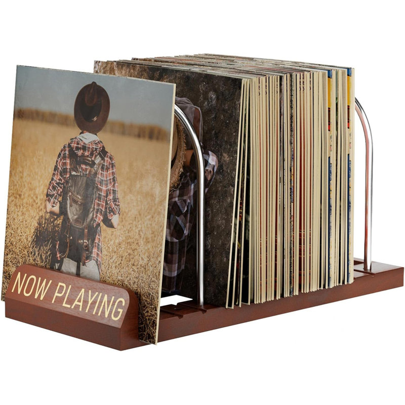 Wood & Metal Now Playing Vinyl Record Stand, 50 Capacity Adjustable LP Storage Holder with Front Display Notch