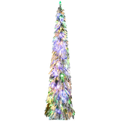 Tall Prelit Pencil Artificial Christmas Tree Holiday Décor With Snow Flocked Branches, Warm White Or Colorful Led Lights, Downswept Shape