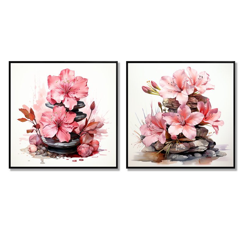 «Pink Zen Blossoms Spiritual Stones I», ensemble de 2 impressions florales sur toile, H 36 po x l 73 po x P 1,5 po