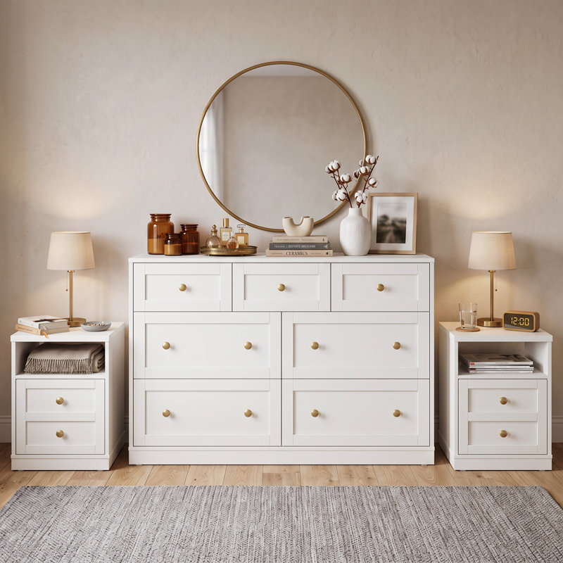 Ensemble de chambre moderne 3 pièces comprenant une commode à 7 tiroirs et 2 tables de chevet avec porte et étagère ouverte, blanc