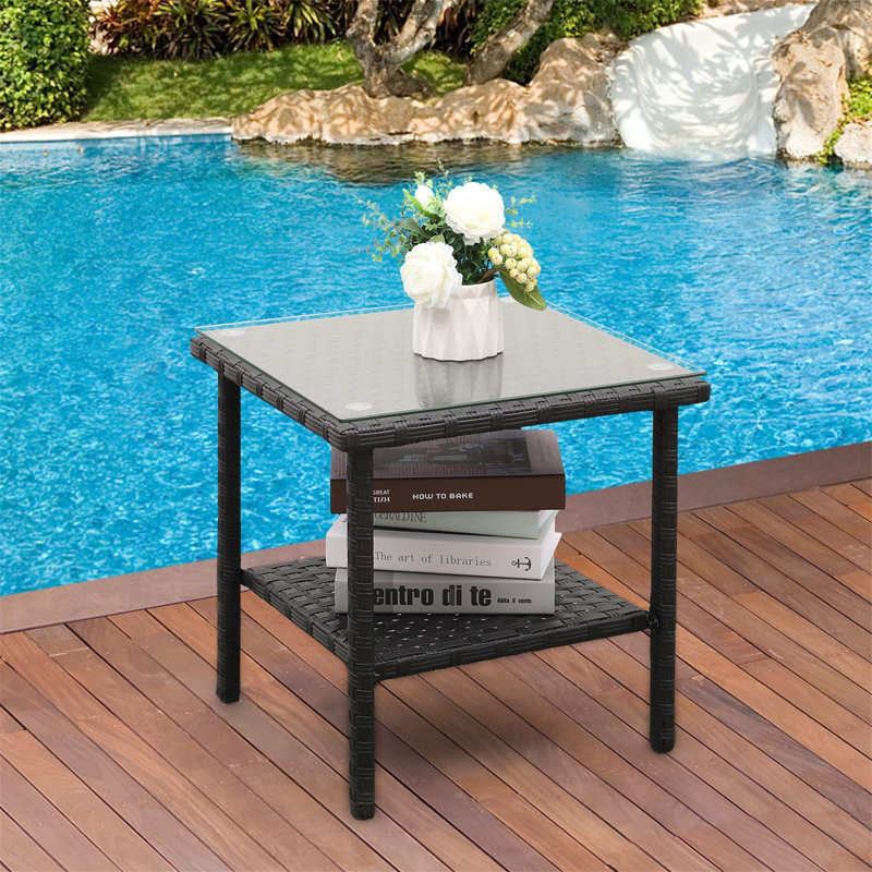Lavara Outdoor Wicker Side Table Patio Coffee Table Glass Top 2-layer End Square Table, Black