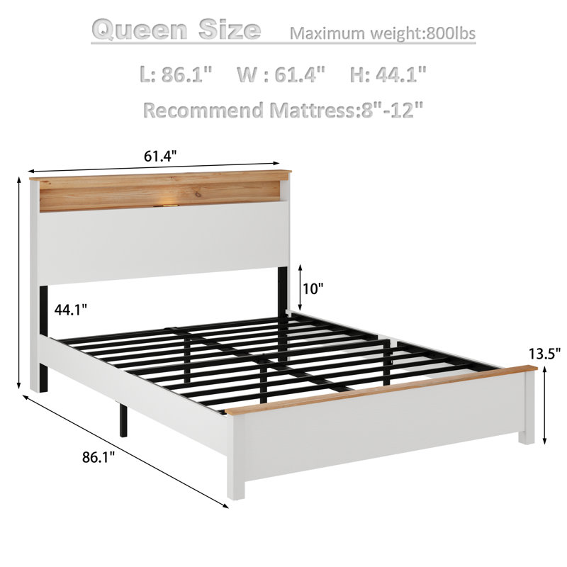 Platform Bed Frame with charging station, Queen