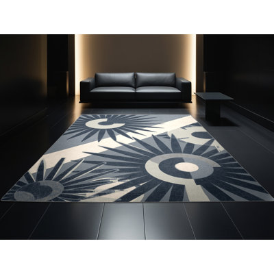 Tapis gris moelleux moelleux de style Mid-Century à motif géométrique moderne - reliure grise
