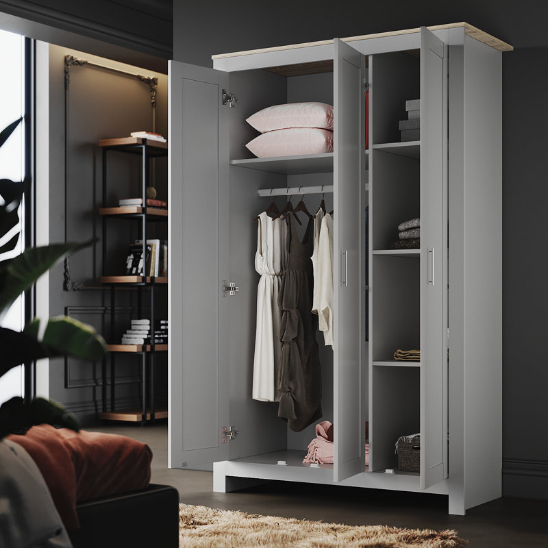 180*112*49.5cm, Solid Wood Multi-Layer Storage with Hooks,3-Door Wardrobe, Grey/Oak