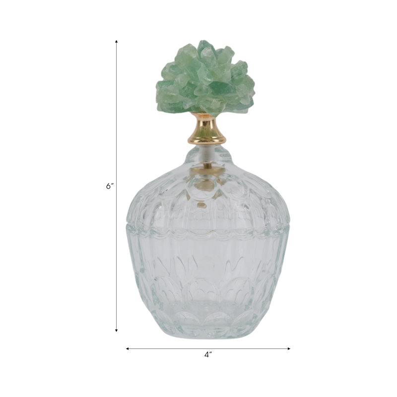 Decorative Glass Stone Metal Jar With Sculpted Fauna Lid Detailing And Textured Transparent Body For Unique Accent Display