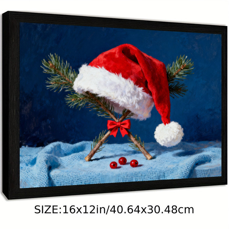 Reproduction d'art encadré noir, nature morte, chapeau de père Noël rétro, H 13 po x l 17 po