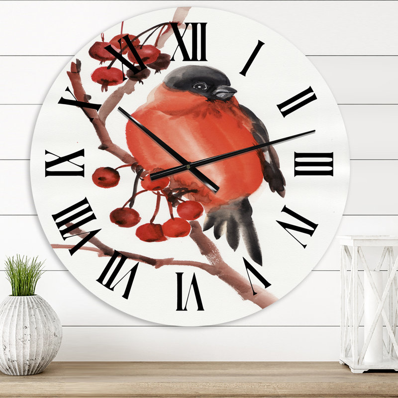 Bouvreuil rouge sur une branche avec des baies - horloge murale traditionnelle, Petit